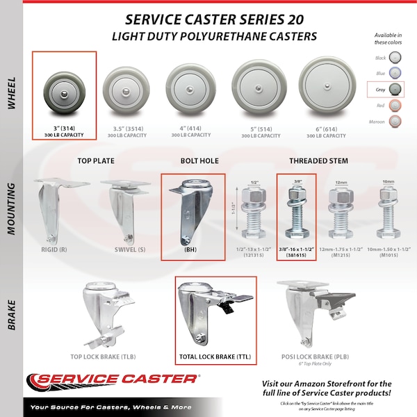 3 Inch Gray Polyurethane Swivel 3/8 Inch Stem Caster Set with Total Lock Brake